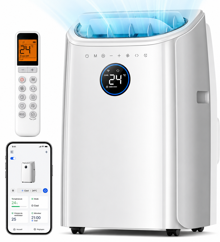 Climatiseur Portable 10 000 BTU (+45m²) Refroidissement efficace sans drainage, silencieux, contrôle par application et vocal, minuterie 24 h, ventilateur et déshumidificateur