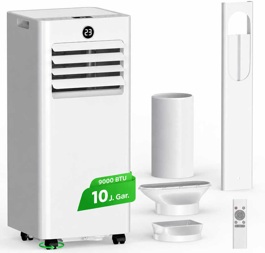 Climatiseur Mobile 9000 BTU (+ 40m²) - Climatiseur Portable 4 en 1 Silencieux - Télécommande, Minuterie 24h & Mode Sommeil,Clim Mobile pour Maison et Bureau,Kit d'Évacuation par Fenêtre Inclus