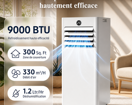 Climatiseur Mobile 9000 BTU (+ 40m²) - Climatiseur Portable 4 en 1 Silencieux - Télécommande, Minuterie 24h & Mode Sommeil,Clim Mobile pour Maison et Bureau,Kit d'Évacuation par Fenêtre Inclus