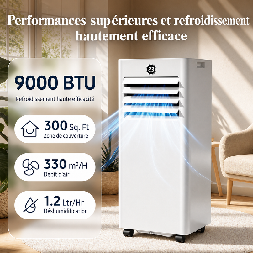 Climatiseur Mobile 9000 BTU (+ 40m²) - Climatiseur Portable 4 en 1 Silencieux - Télécommande, Minuterie 24h & Mode Sommeil,Clim Mobile pour Maison et Bureau,Kit d'Évacuation par Fenêtre Inclus