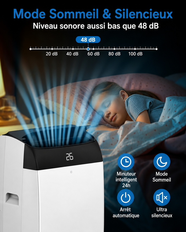 Climatiseur portable 3 en 1 - 10000 BTU (+ 45m²) – Silencieux - Refroidissement, déshumidification 30 L/jour, ventilateur 2 vitesses – minuterie 24 h, affichage numérique