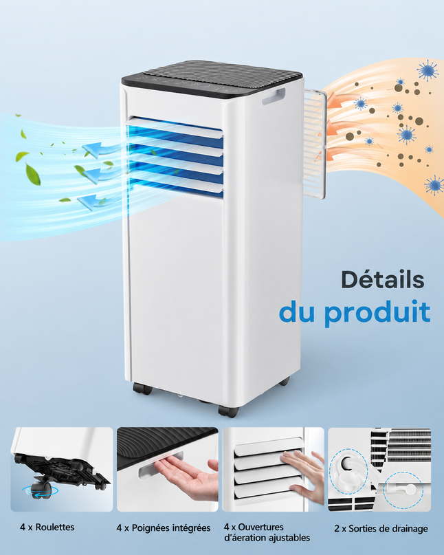 Climatiseur mobile 9000 BTU (+40m²) 2,6 kW (avec télécommande), climatiseur portable quatre en un, fonctionnement silencieux, écran LED, minuterie 24 heures
