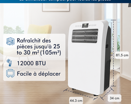 Climatiseur Mobile 12 000 BTU (+ 50m²) Puissant & Silencieux - Nouveauté - Déshumidificateur - Ventilateur et Climatisation - Clim Mobile avec Télécommande