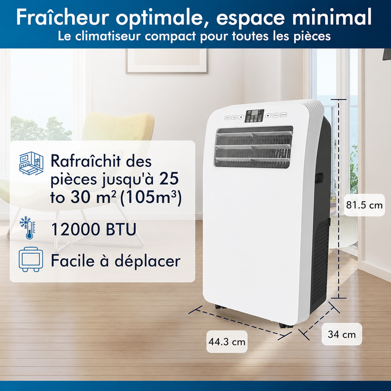 Climatiseur Mobile 12 000 BTU (+ 50m²) Puissant & Silencieux - Nouveauté - Déshumidificateur - Ventilateur et Climatisation - Clim Mobile avec Télécommande