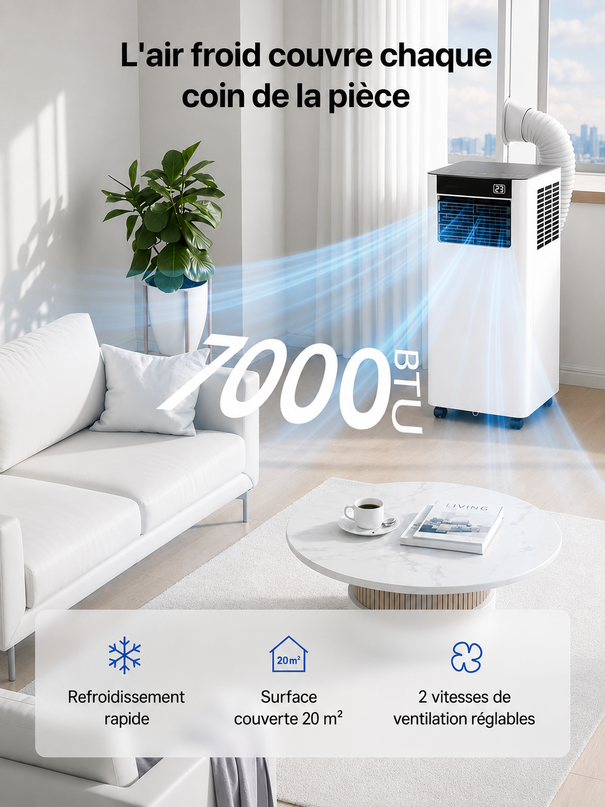 Climatiseur Mobile 7000 BTU (+ 20m²)  3-en-1 Écoénergétique Climatiseur Portable, Kit Fenêtre Inclus, Contrôle Via ApplicationTélécommande, Silencieux 48 dB, Minuterie 24 H