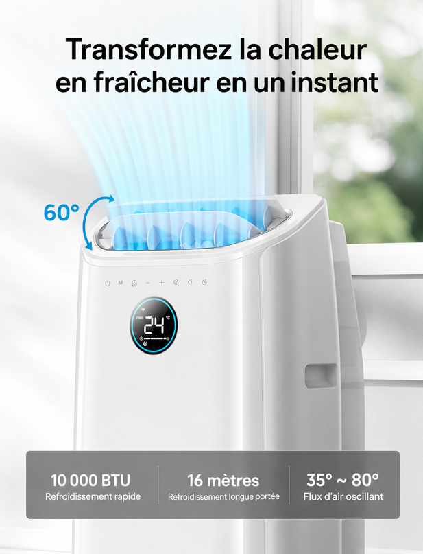 Climatiseur Portable 10 000 BTU (+45m²) Refroidissement efficace sans drainage, silencieux, contrôle par application et vocal, minuterie 24 h, ventilateur et déshumidificateur