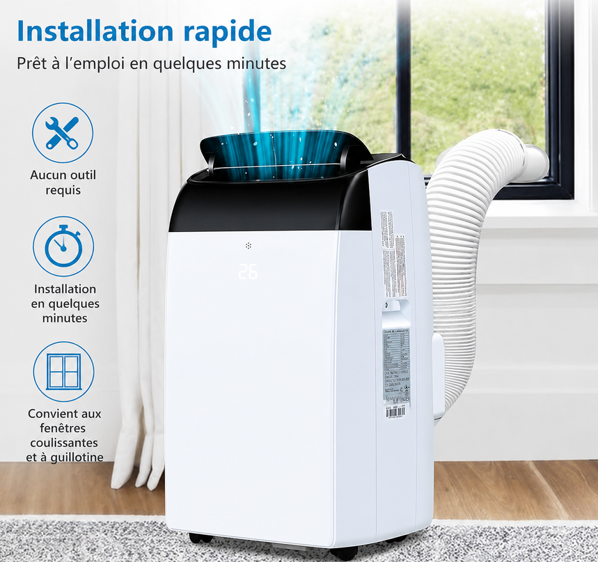 Climatiseur portable 3 en 1 - 10000 BTU (+ 45m²) – Silencieux - Refroidissement, déshumidification 30 L/jour, ventilateur 2 vitesses – minuterie 24 h, affichage numérique