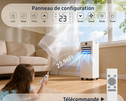 Climatiseur Mobile 9000 BTU (+ 40m²) - Climatiseur Portable 4 en 1 Silencieux - Télécommande, Minuterie 24h & Mode Sommeil,Clim Mobile pour Maison et Bureau,Kit d'Évacuation par Fenêtre Inclus
