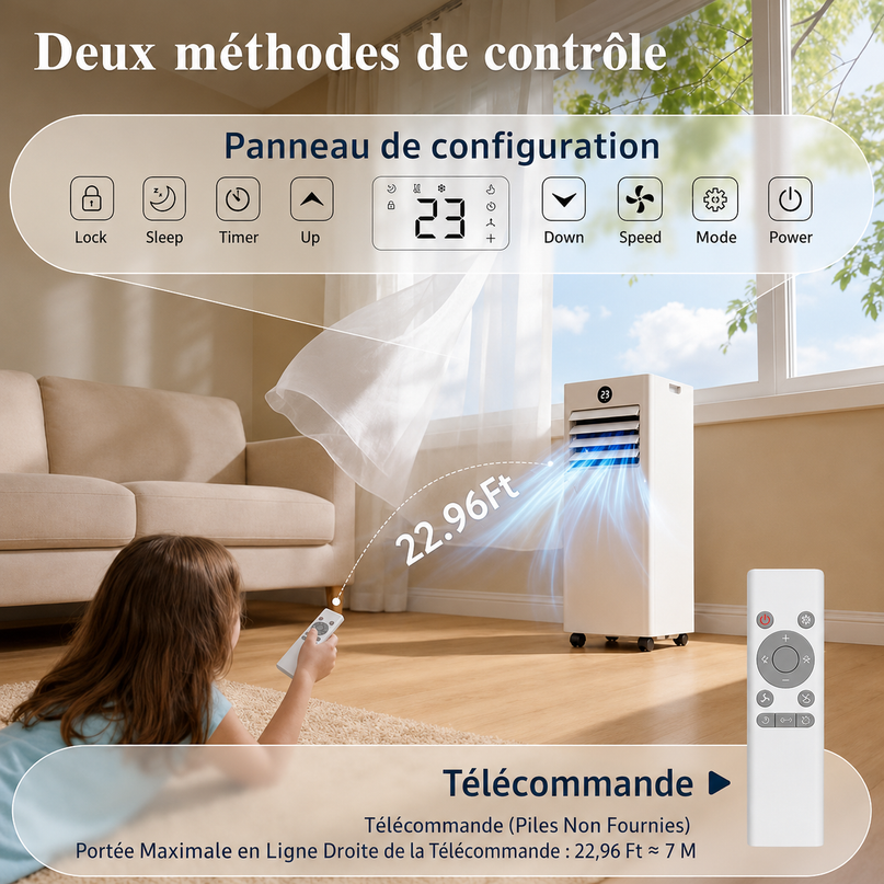 Climatiseur Mobile 9000 BTU (+ 40m²) - Climatiseur Portable 4 en 1 Silencieux - Télécommande, Minuterie 24h & Mode Sommeil,Clim Mobile pour Maison et Bureau,Kit d'Évacuation par Fenêtre Inclus