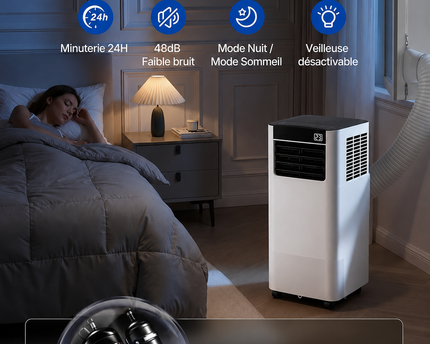 Climatiseur Mobile 7000 BTU (+ 20m²)  3-en-1 Écoénergétique Climatiseur Portable, Kit Fenêtre Inclus, Contrôle Via ApplicationTélécommande, Silencieux 48 dB, Minuterie 24 H