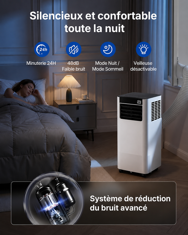 Climatiseur Mobile 7000 BTU (+ 20m²)  3-en-1 Écoénergétique Climatiseur Portable, Kit Fenêtre Inclus, Contrôle Via ApplicationTélécommande, Silencieux 48 dB, Minuterie 24 H