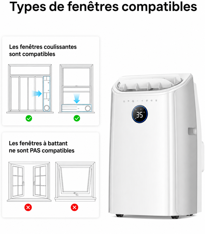 Climatiseur Portable 10 000 BTU (+45m²) Refroidissement efficace sans drainage, silencieux, contrôle par application et vocal, minuterie 24 h, ventilateur et déshumidificateur