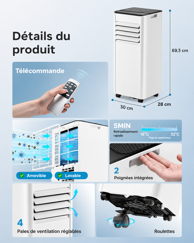 Climatiseur mobile 9000 BTU (+40m²) 2,6 kW (avec télécommande), climatiseur portable quatre en un, fonctionnement silencieux, écran LED, minuterie 24 heures