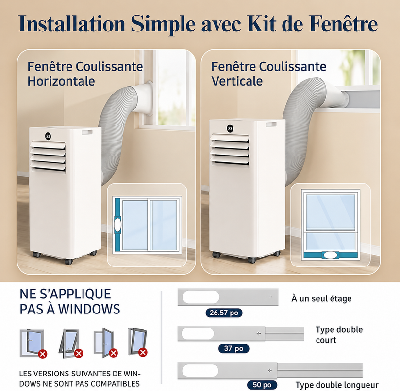 Climatiseur Mobile 9000 BTU (+ 40m²) - Climatiseur Portable 4 en 1 Silencieux - Télécommande, Minuterie 24h & Mode Sommeil,Clim Mobile pour Maison et Bureau,Kit d'Évacuation par Fenêtre Inclus
