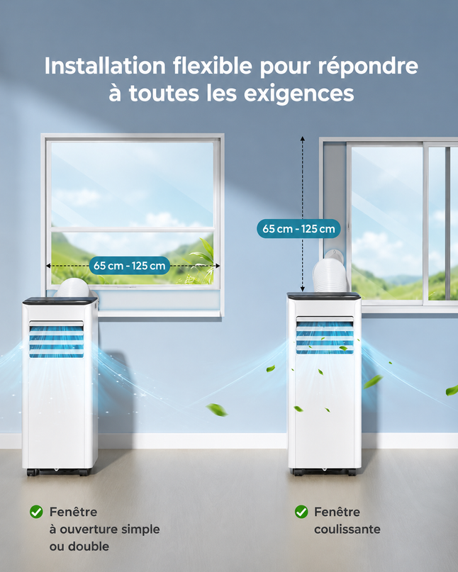 Climatiseur mobile 9000 BTU (+40m²) 2,6 kW (avec télécommande), climatiseur portable quatre en un, fonctionnement silencieux, écran LED, minuterie 24 heures