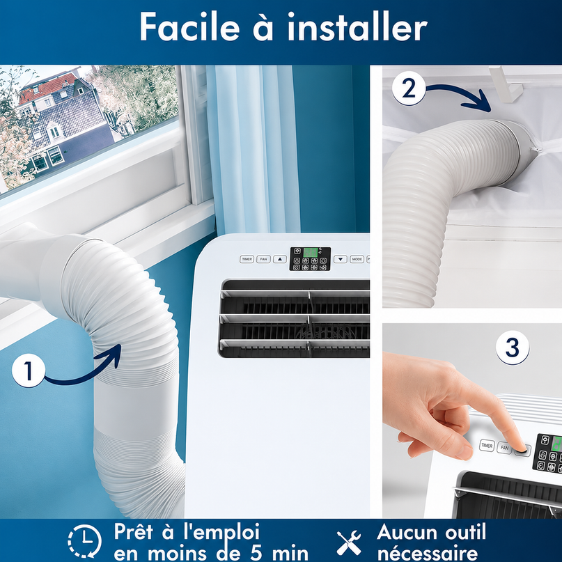 Climatiseur Mobile 12 000 BTU (+ 50m²) Puissant & Silencieux - Nouveauté - Déshumidificateur - Ventilateur et Climatisation - Clim Mobile avec Télécommande