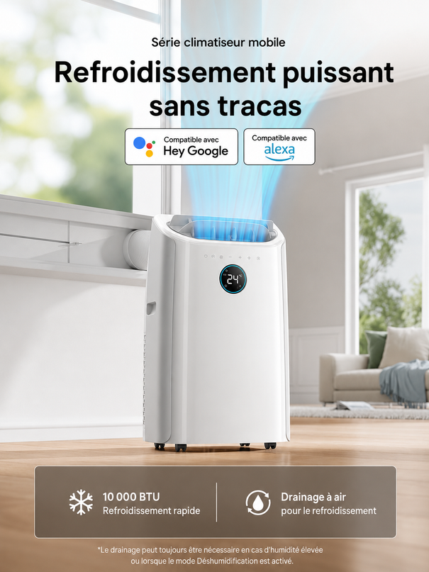 Climatiseur Portable 10 000 BTU (+45m²) Refroidissement efficace sans drainage, silencieux, contrôle par application et vocal, minuterie 24 h, ventilateur et déshumidificateur