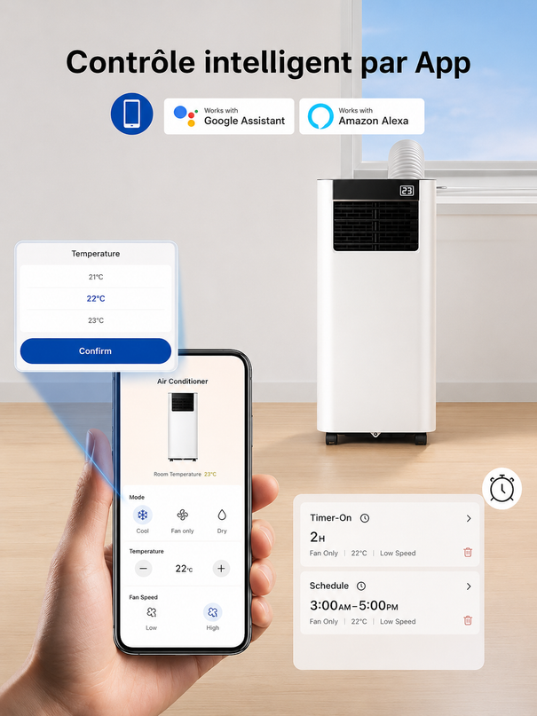 Climatiseur Mobile 7000 BTU (+ 20m²)  3-en-1 Écoénergétique Climatiseur Portable, Kit Fenêtre Inclus, Contrôle Via ApplicationTélécommande, Silencieux 48 dB, Minuterie 24 H