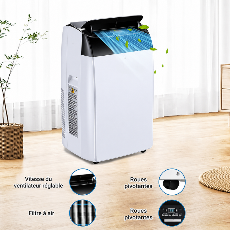 Climatiseur portable 3 en 1 - 10000 BTU (+ 45m²) – Silencieux - Refroidissement, déshumidification 30 L/jour, ventilateur 2 vitesses – minuterie 24 h, affichage numérique