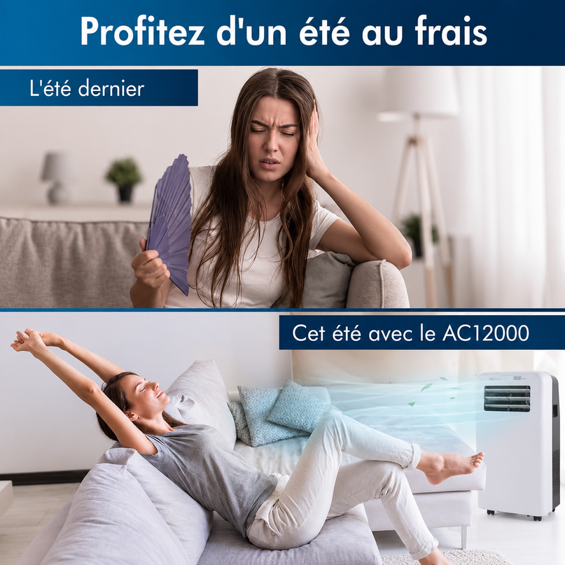 Climatiseur Mobile 12 000 BTU (+ 50m²) Puissant & Silencieux - Nouveauté - Déshumidificateur - Ventilateur et Climatisation - Clim Mobile avec Télécommande