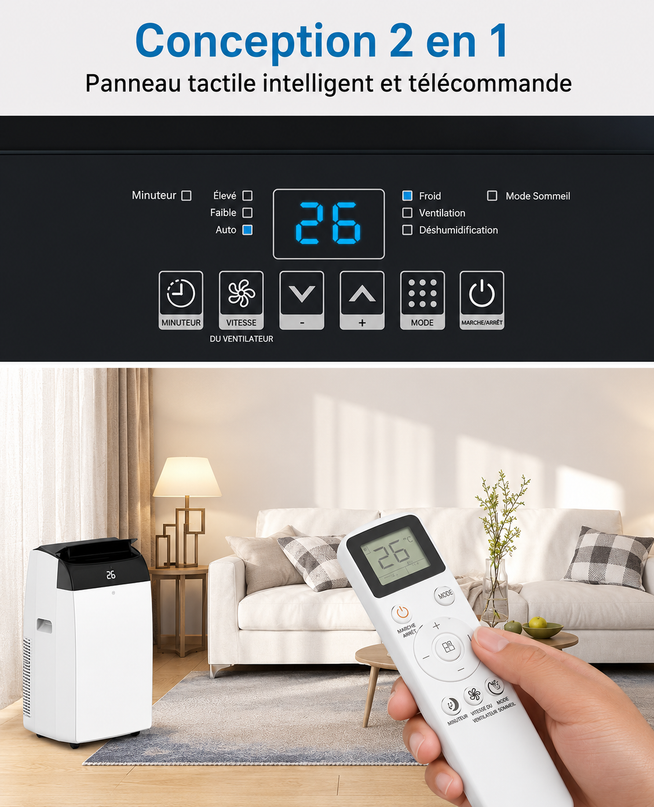 Climatiseur portable 3 en 1 - 10000 BTU (+ 45m²) – Silencieux - Refroidissement, déshumidification 30 L/jour, ventilateur 2 vitesses – minuterie 24 h, affichage numérique