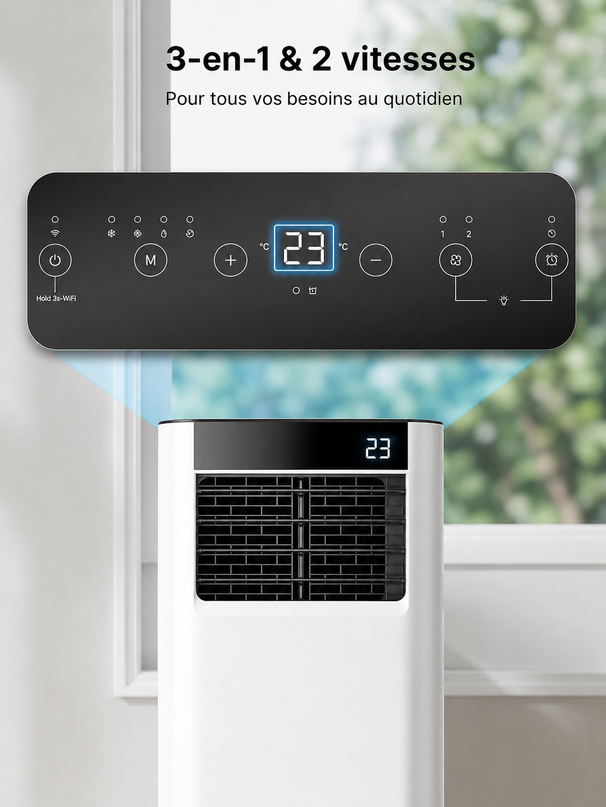 Climatiseur Mobile 7000 BTU (+ 20m²)  3-en-1 Écoénergétique Climatiseur Portable, Kit Fenêtre Inclus, Contrôle Via ApplicationTélécommande, Silencieux 48 dB, Minuterie 24 H