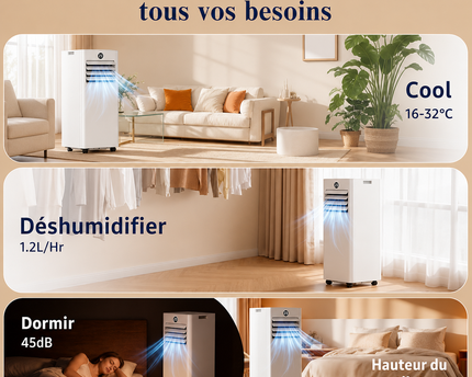 Climatiseur Mobile 9000 BTU (+ 40m²) - Climatiseur Portable 4 en 1 Silencieux - Télécommande, Minuterie 24h & Mode Sommeil,Clim Mobile pour Maison et Bureau,Kit d'Évacuation par Fenêtre Inclus