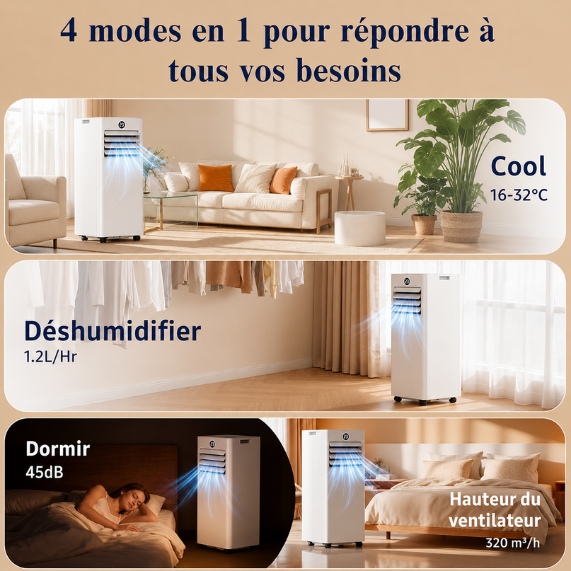 Climatiseur Mobile 9000 BTU (+ 40m²) - Climatiseur Portable 4 en 1 Silencieux - Télécommande, Minuterie 24h & Mode Sommeil,Clim Mobile pour Maison et Bureau,Kit d'Évacuation par Fenêtre Inclus