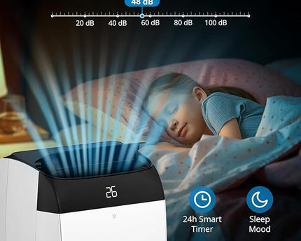 Climatiseur portable 3 en 1 - 10000 BTU – Silencieux - Refroidissement, déshumidification 30 L/jour, ventilateur 2 vitesses – minuterie 24 h, affichage numérique