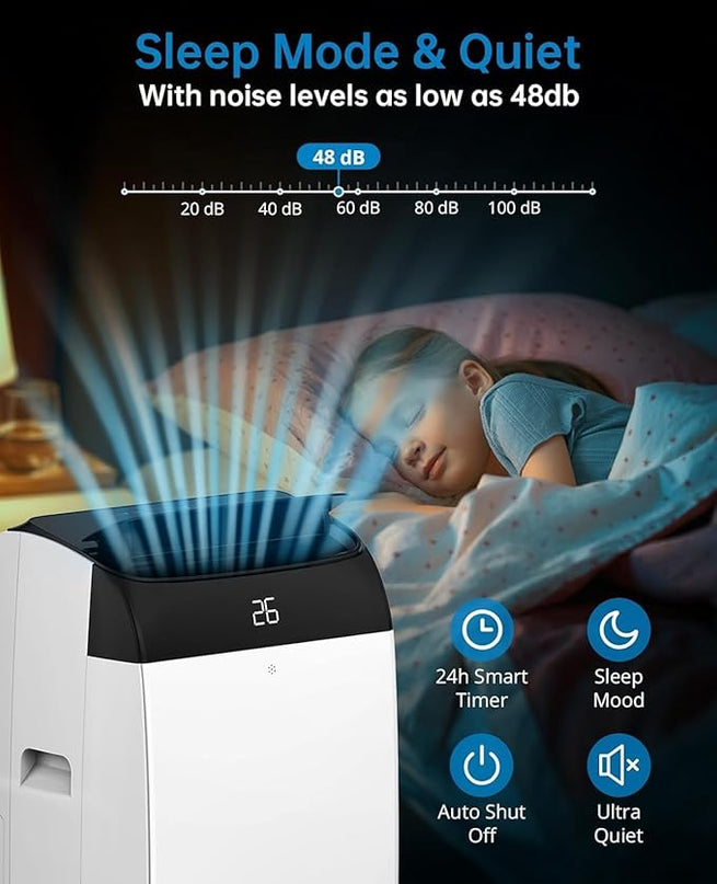 Climatiseur portable 3 en 1 - 10000 BTU – Silencieux - Refroidissement, déshumidification 30 L/jour, ventilateur 2 vitesses – minuterie 24 h, affichage numérique