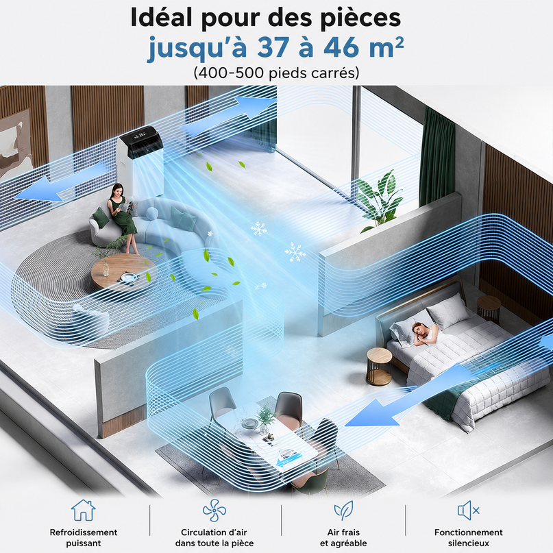 Climatiseur portable 3 en 1 - 10000 BTU (+ 45m²) – Silencieux - Refroidissement, déshumidification 30 L/jour, ventilateur 2 vitesses – minuterie 24 h, affichage numérique