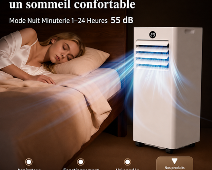Climatiseur Mobile 9000 BTU (+ 40m²) - Climatiseur Portable 4 en 1 Silencieux - Télécommande, Minuterie 24h & Mode Sommeil,Clim Mobile pour Maison et Bureau,Kit d'Évacuation par Fenêtre Inclus