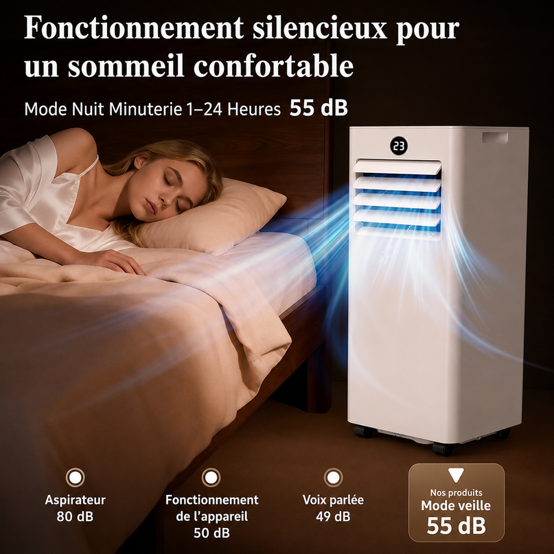 Climatiseur Mobile 9000 BTU (+ 40m²) - Climatiseur Portable 4 en 1 Silencieux - Télécommande, Minuterie 24h & Mode Sommeil,Clim Mobile pour Maison et Bureau,Kit d'Évacuation par Fenêtre Inclus