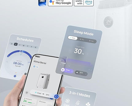 Climatiseur Portable 10 000 BTU pour chambre, refroidissement efficace sans drainage, silencieux, contrôle par application et vocal, minuterie 24 h, ventilateur et déshumidificateur