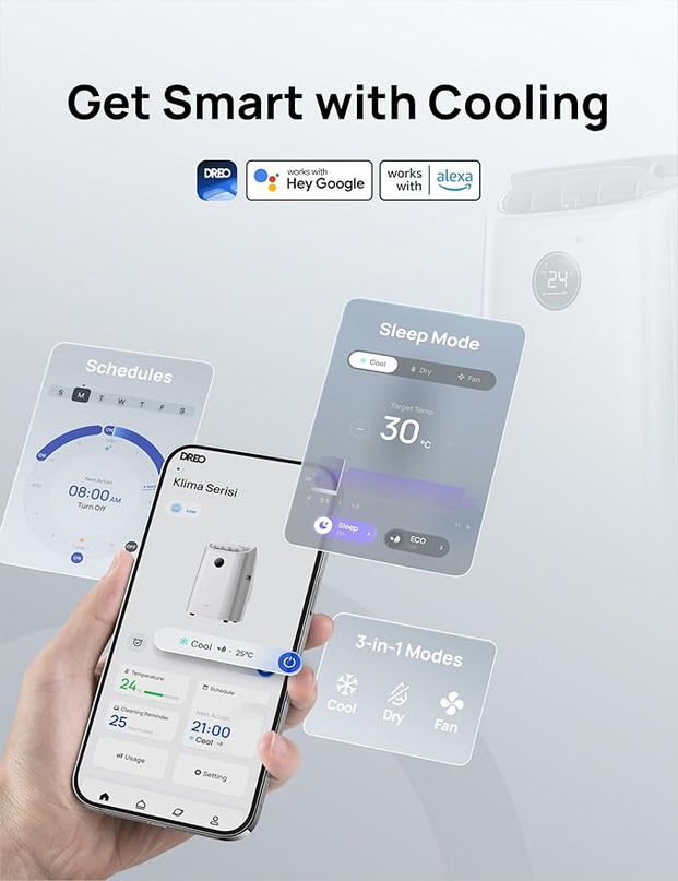 Climatiseur Portable 10 000 BTU pour chambre, refroidissement efficace sans drainage, silencieux, contrôle par application et vocal, minuterie 24 h, ventilateur et déshumidificateur