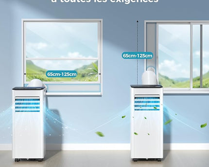 Climatiseur mobile 9000 BTU 2,6 kW (avec télécommande), climatiseur portable quatre en un, fonctionnement silencieux, écran LED, surface couverte 25 m², minuterie 24 heures