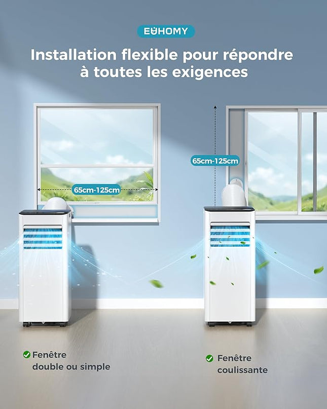 Climatiseur mobile 9000 BTU 2,6 kW (avec télécommande), climatiseur portable quatre en un, fonctionnement silencieux, écran LED, surface couverte 25 m², minuterie 24 heures