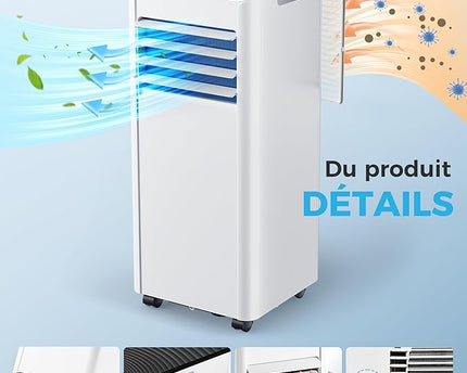 Climatiseur mobile 9000 BTU 2,6 kW (avec télécommande), climatiseur portable quatre en un, fonctionnement silencieux, écran LED, surface couverte 25 m², minuterie 24 heures