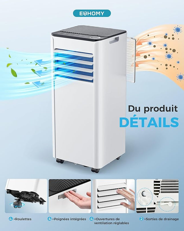 Climatiseur mobile 9000 BTU 2,6 kW (avec télécommande), climatiseur portable quatre en un, fonctionnement silencieux, écran LED, surface couverte 25 m², minuterie 24 heures