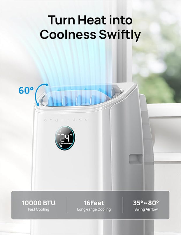 Climatiseur Portable 10 000 BTU pour chambre, refroidissement efficace sans drainage, silencieux, contrôle par application et vocal, minuterie 24 h, ventilateur et déshumidificateur