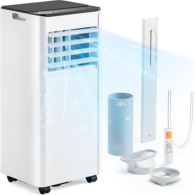 Climatiseur mobile 9000 BTU 2,6 kW (avec télécommande), climatiseur portable quatre en un, fonctionnement silencieux, écran LED, surface couverte 25 m², minuterie 24 heures