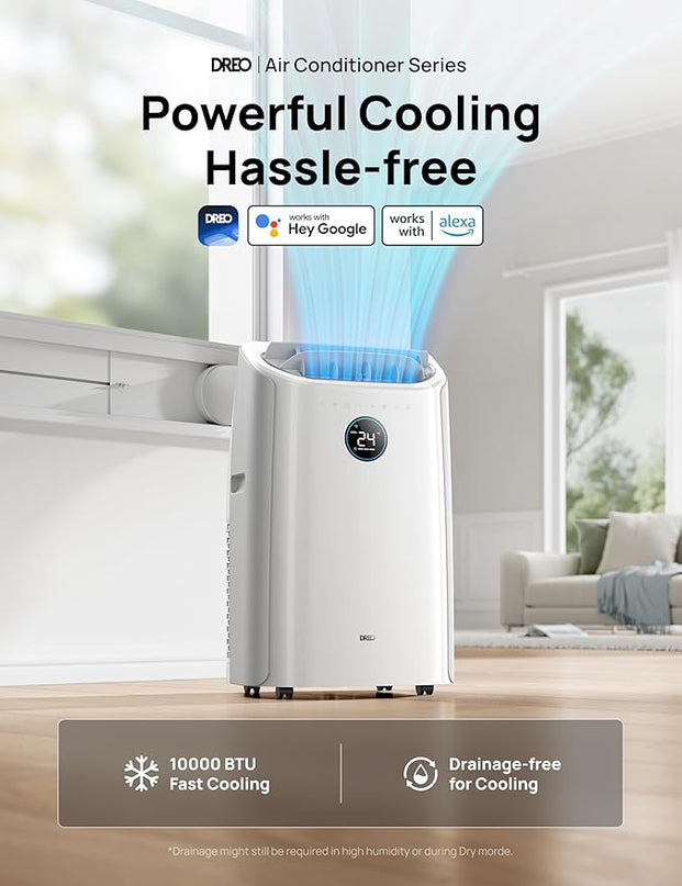 Climatiseur Portable 10 000 BTU pour chambre, refroidissement efficace sans drainage, silencieux, contrôle par application et vocal, minuterie 24 h, ventilateur et déshumidificateur