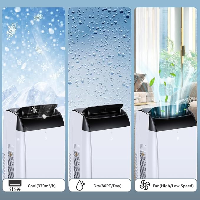 Climatiseur portable 3 en 1 - 10000 BTU – Silencieux - Refroidissement, déshumidification 30 L/jour, ventilateur 2 vitesses – minuterie 24 h, affichage numérique