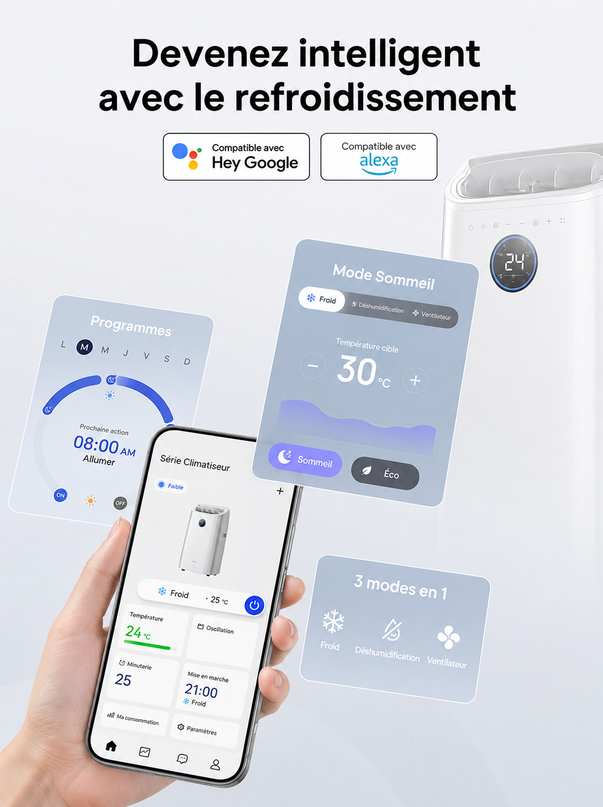 Climatiseur Portable 10 000 BTU (+45m²) Refroidissement efficace sans drainage, silencieux, contrôle par application et vocal, minuterie 24 h, ventilateur et déshumidificateur