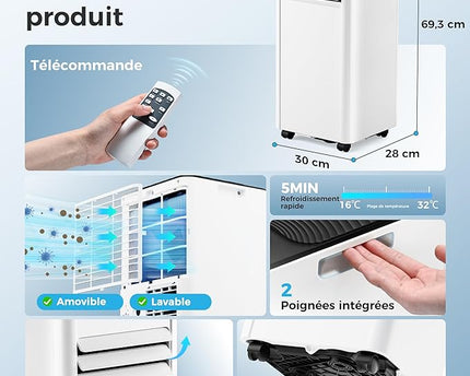 Climatiseur mobile 9000 BTU 2,6 kW (avec télécommande), climatiseur portable quatre en un, fonctionnement silencieux, écran LED, surface couverte 25 m², minuterie 24 heures
