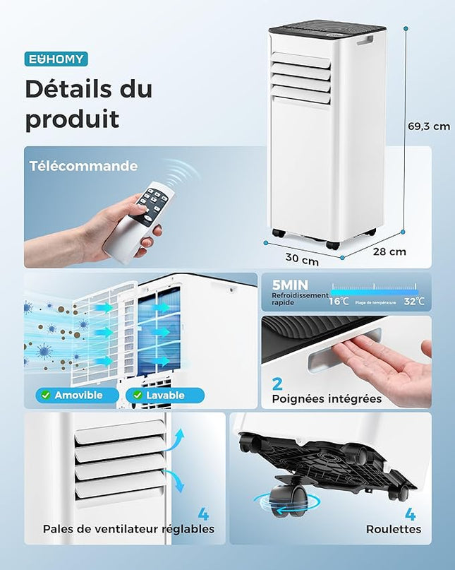 Climatiseur mobile 9000 BTU 2,6 kW (avec télécommande), climatiseur portable quatre en un, fonctionnement silencieux, écran LED, surface couverte 25 m², minuterie 24 heures