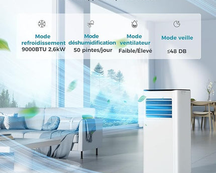 Climatiseur mobile 9000 BTU 2,6 kW (avec télécommande), climatiseur portable quatre en un, fonctionnement silencieux, écran LED, surface couverte 25 m², minuterie 24 heures