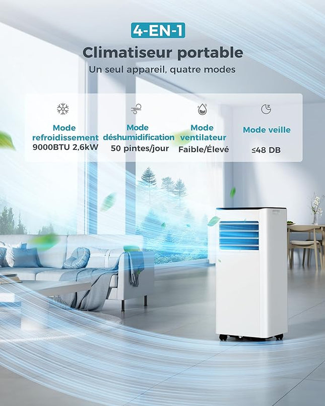 Climatiseur mobile 9000 BTU 2,6 kW (avec télécommande), climatiseur portable quatre en un, fonctionnement silencieux, écran LED, surface couverte 25 m², minuterie 24 heures